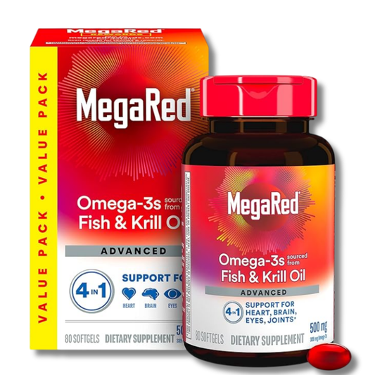 MegaRed Advanced 4-in-1 Omega-3 Supplement – Concentrated Fish Oil & Antarctic Krill Oil for Heart, Brain, Joint & Eye Health (80 Softgels)