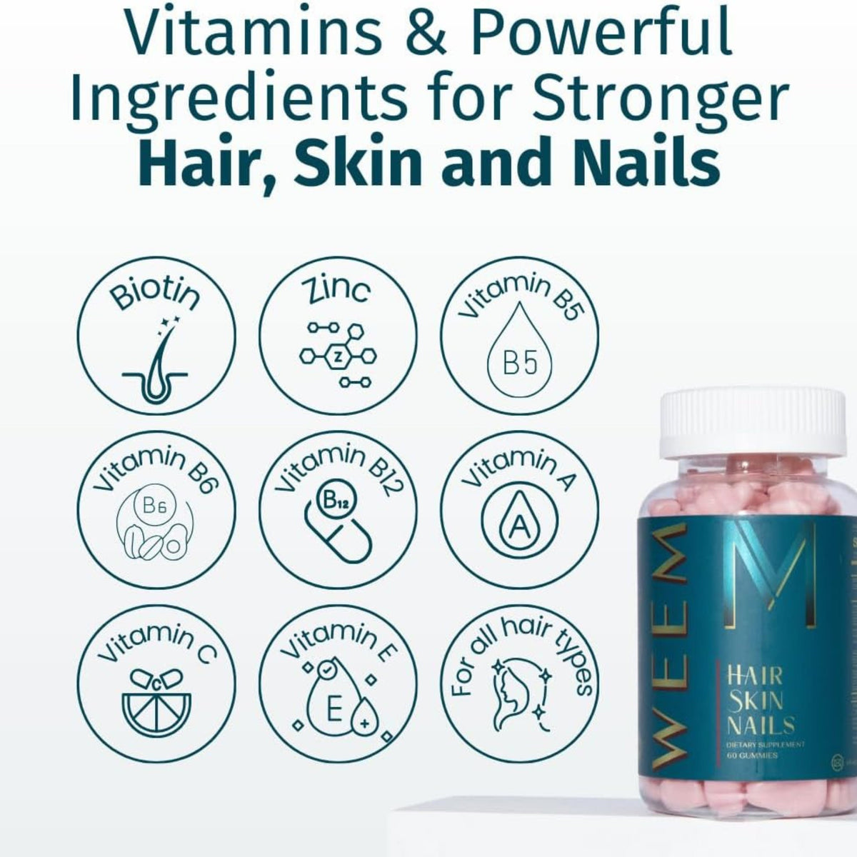 WEEM Hair Skin & Nails Gummies, Vegan, Raspberry