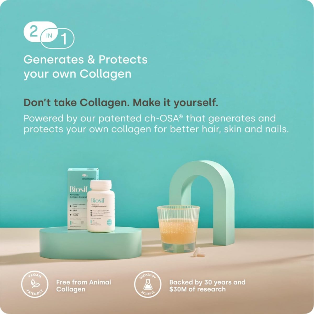 Biosil Collagen Booster – 120 Capsules – Patented ch-OSA for Skin, Hair, Nails & Joints – Supports Natural Collagen, Keratin & Elastin – Vegan & Non-GMO