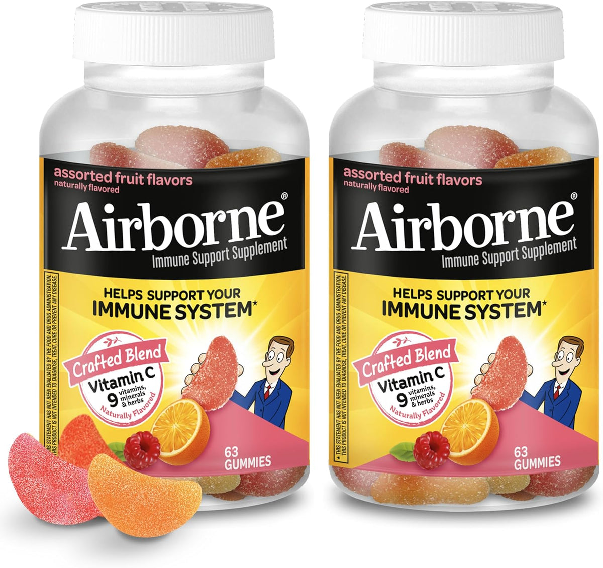 Two bottles of Airborne immune support gummies on a white background