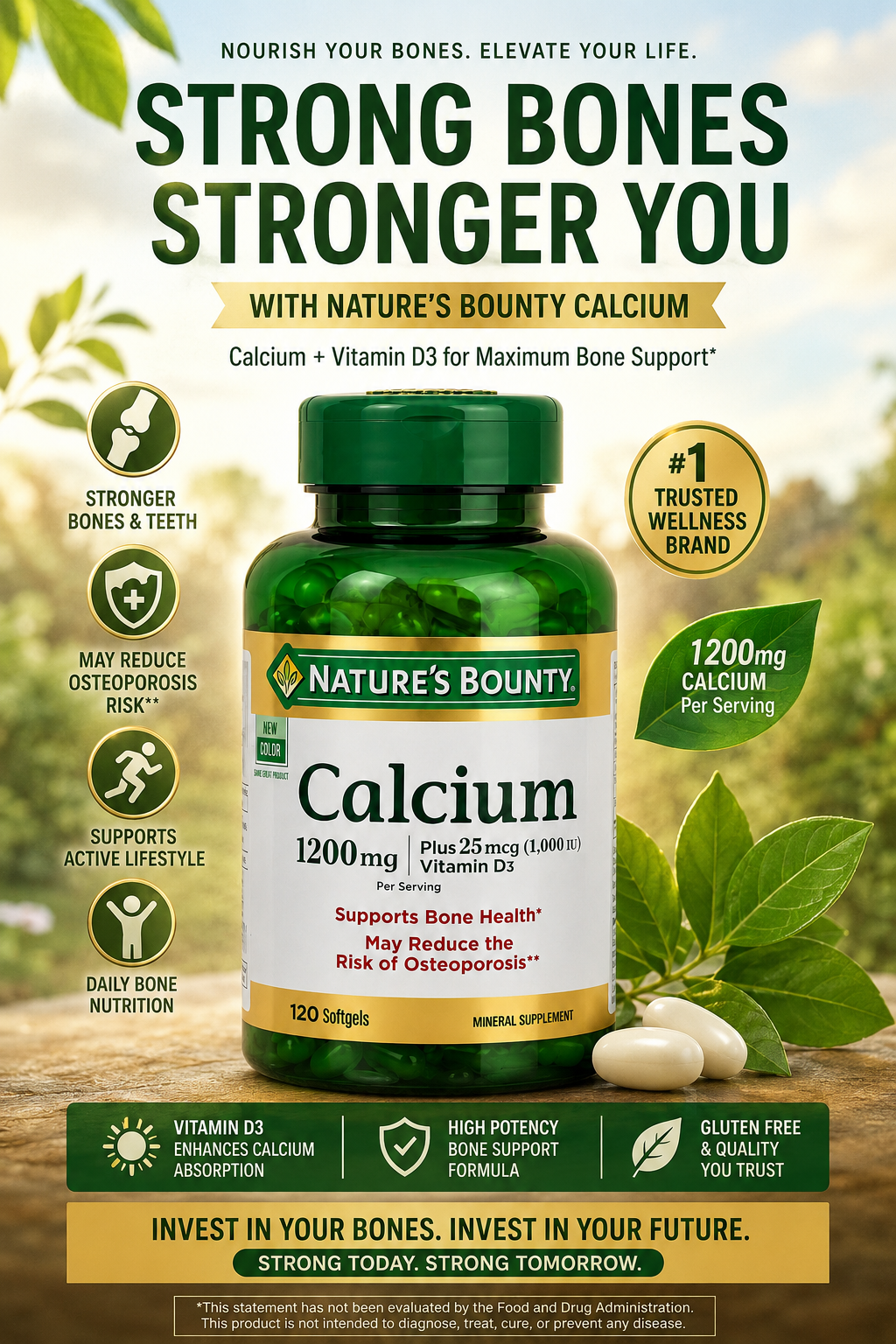 Calcium 1200mg + Vitamin D3 1000 IU (25mcg) – 120 Softgels Bone Health Supplement