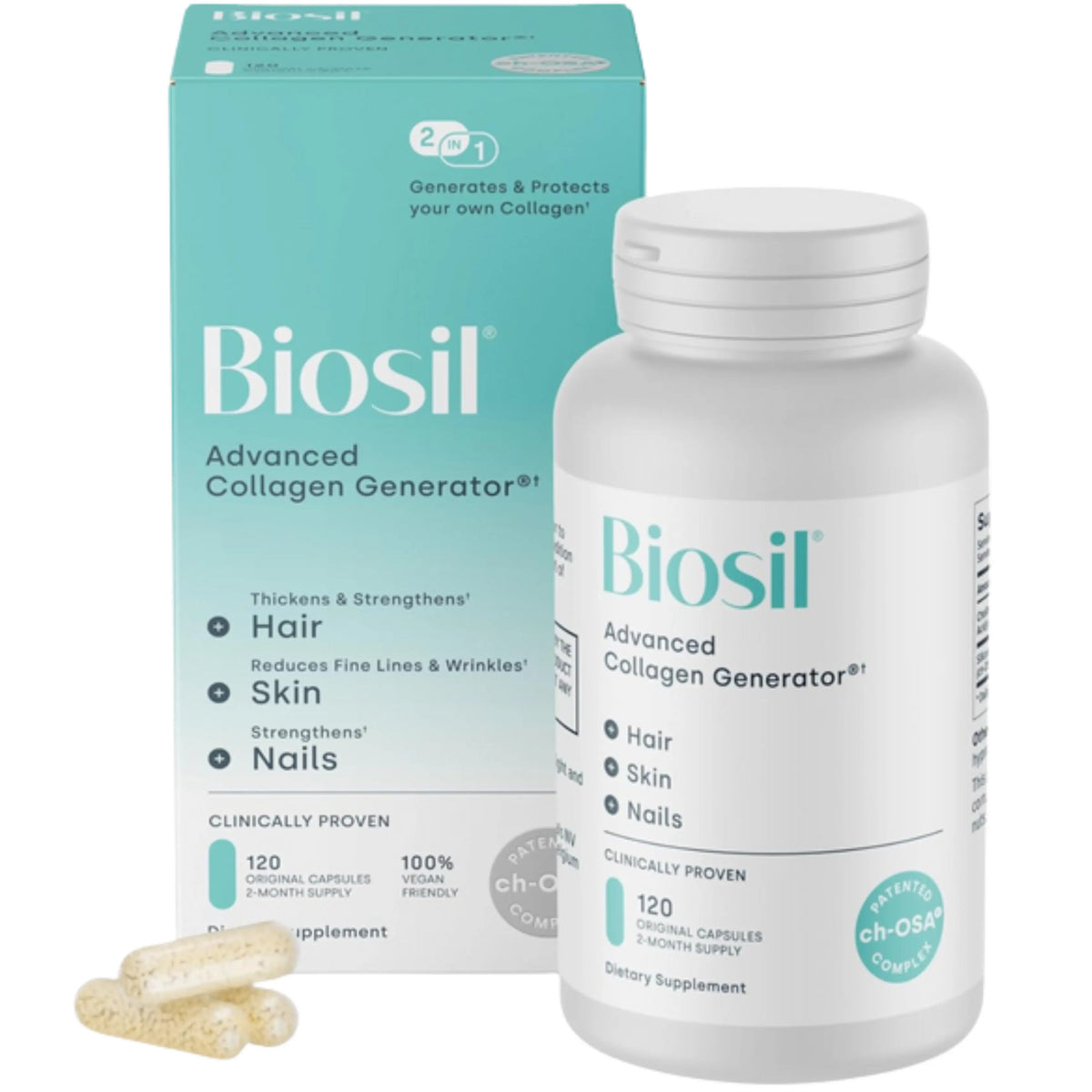 Biosil Collagen Booster – 120 Capsules – Patented ch-OSA for Skin, Hair, Nails & Joints – Supports Natural Collagen, Keratin & Elastin – Vegan & Non-GMO