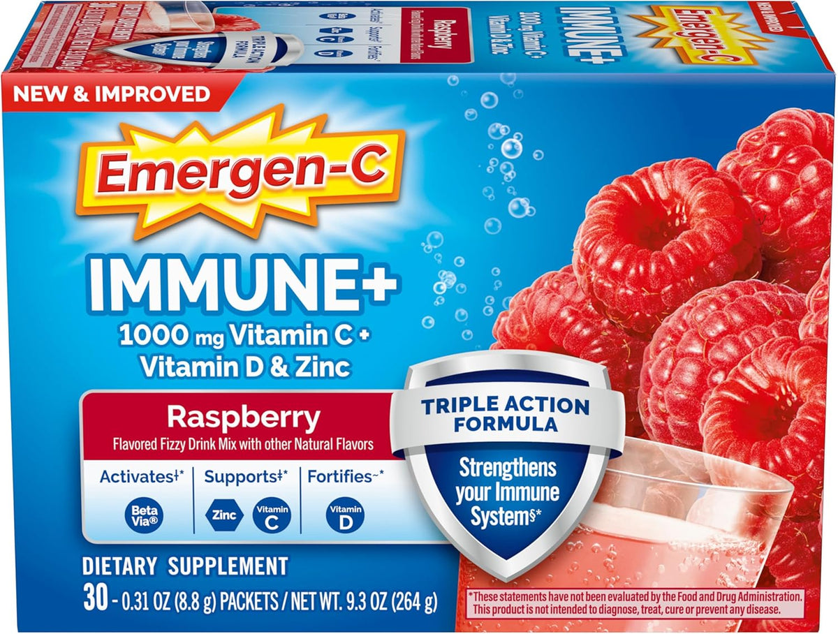 Box of Emergen-C Immune+ dietary supplement with raspberry flavor on a blue background