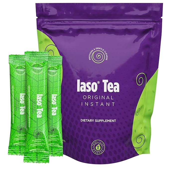 Purple package of Iaso Tea with green packets on a white background