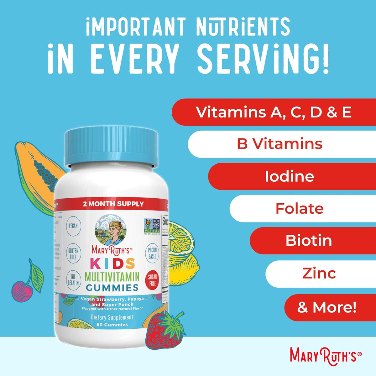MaryRuth Organics Kids Multivitamin Gummies, Sugar-Free, Vegan, 60 Ct