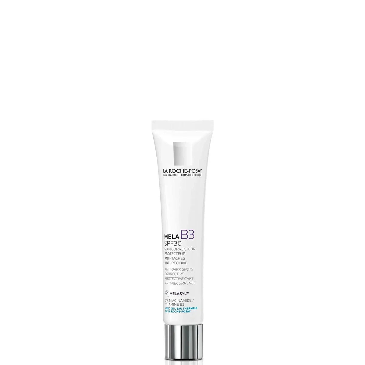 La Moche Posit Mela B3 SPF 30 Cellular Repair Sunscreen Lotion in a white squeeze tube with a metallic silver cap, shown on a plain white background.