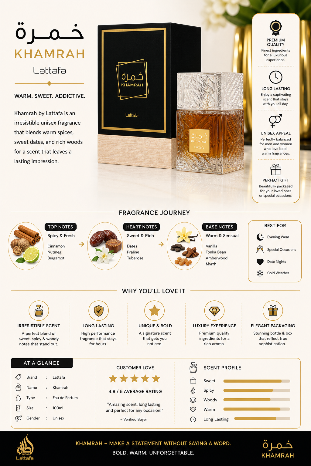 Lattafa Khamrah Eau de Parfum Unisex 100ml | Long Lasting Luxury Fragrance