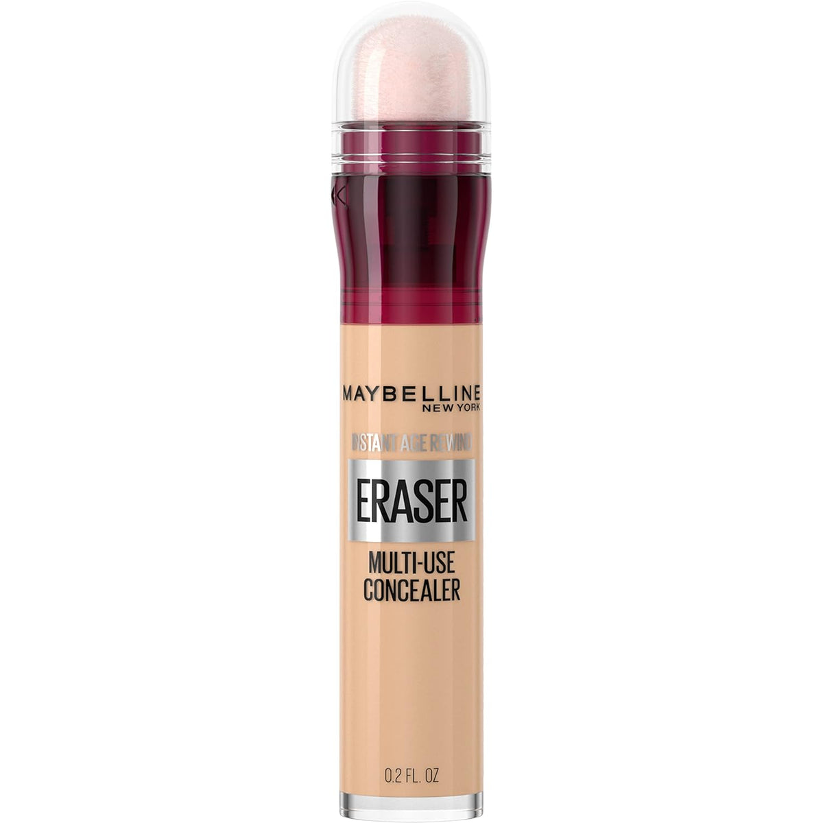 Maybelline New York Eraser Multi-Use Concealer in a clear tube showing the beige liquid product inside, with a dark red cap and clear dome applicator on a white background.