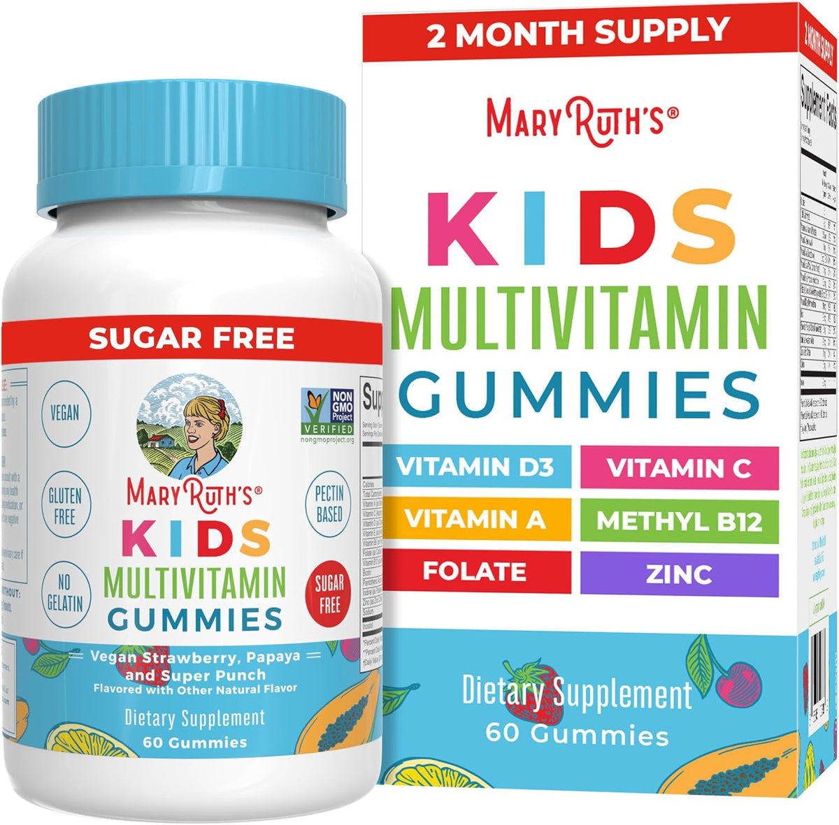 Mary Ruth's Kids Multivitamin Gummies packaging with bottle and box on a white background
