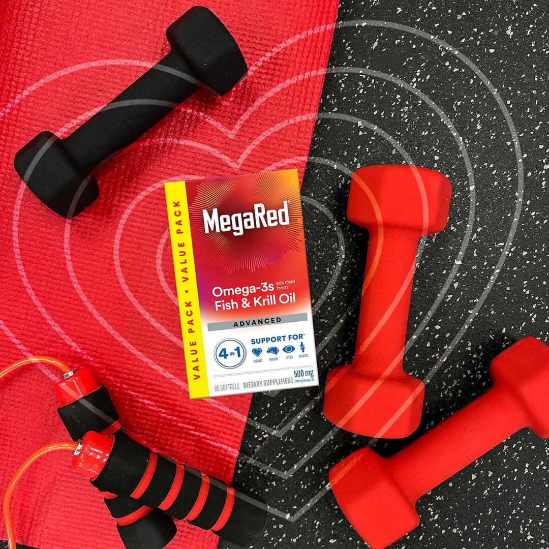 MegaRed Advanced 4-in-1 Omega-3 Supplement – Concentrated Fish Oil & Antarctic Krill Oil for Heart, Brain, Joint & Eye Health (80 Softgels)