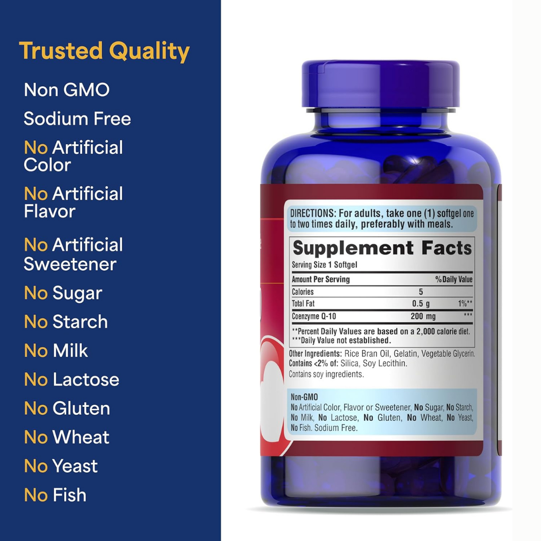Puritan’s Pride CoQ10 200 mg Softgels – High-Potency Coenzyme Q10 for Heart, Cardiovascular & Energy Support (240 Rapid-Release Capsules)