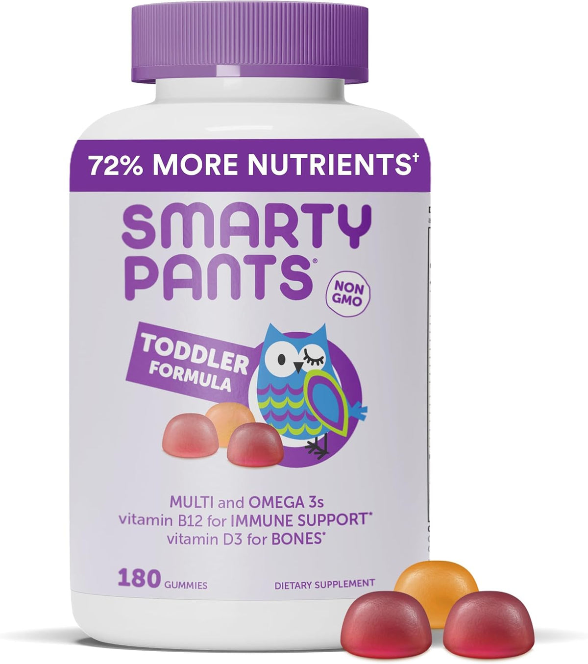 Smarty Pants Toddler Formula gummy supplement bottle with purple cap on a white background
