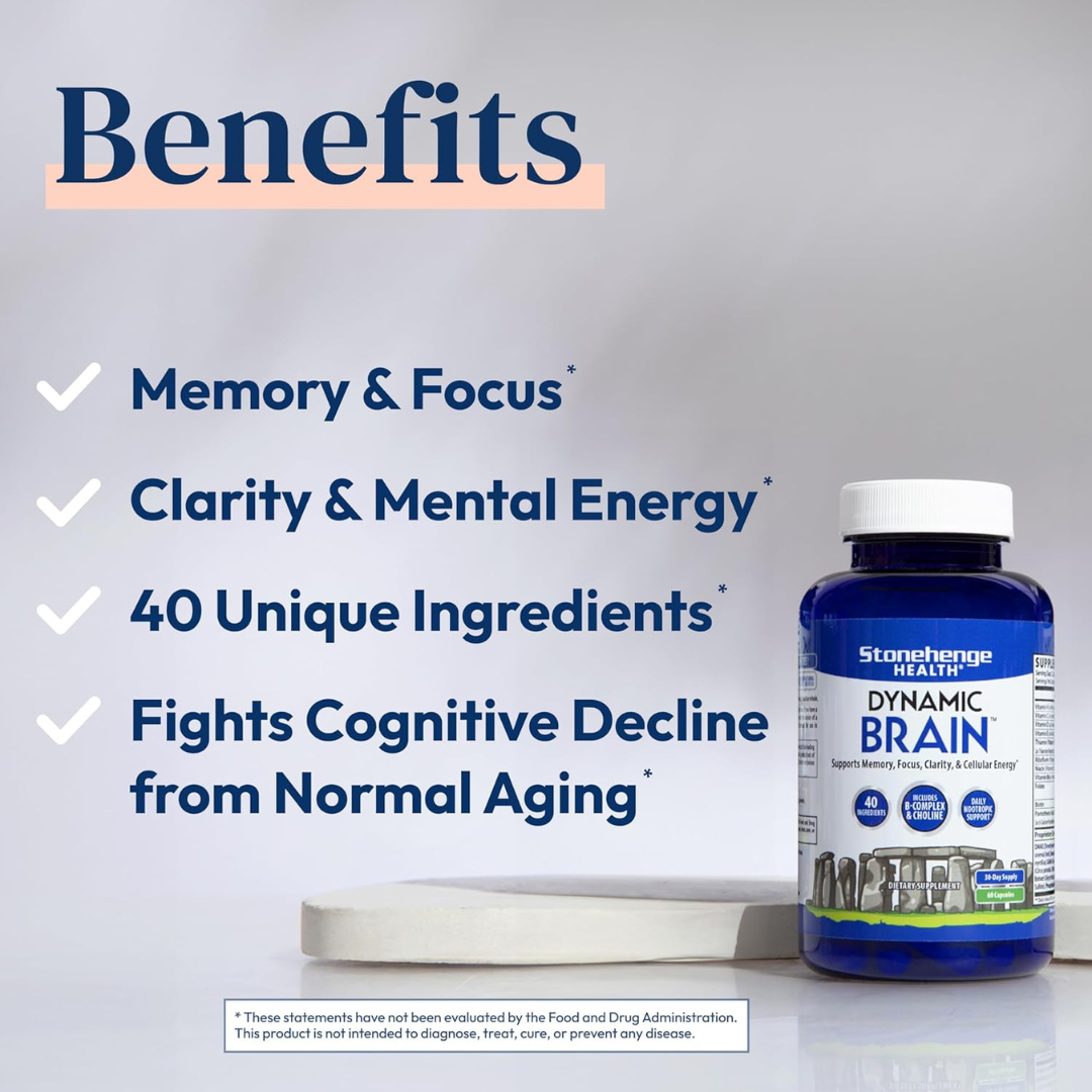 Stonehenge Health Dynamic Brain - Suplemento dietético para la memoria, concentración y claridad, formulado con 41 ingredientes nootrópicos únicos incluyendo fosfatidilserina, Bacopa Monnieri y huperzina A (paquete de 1 unidad)