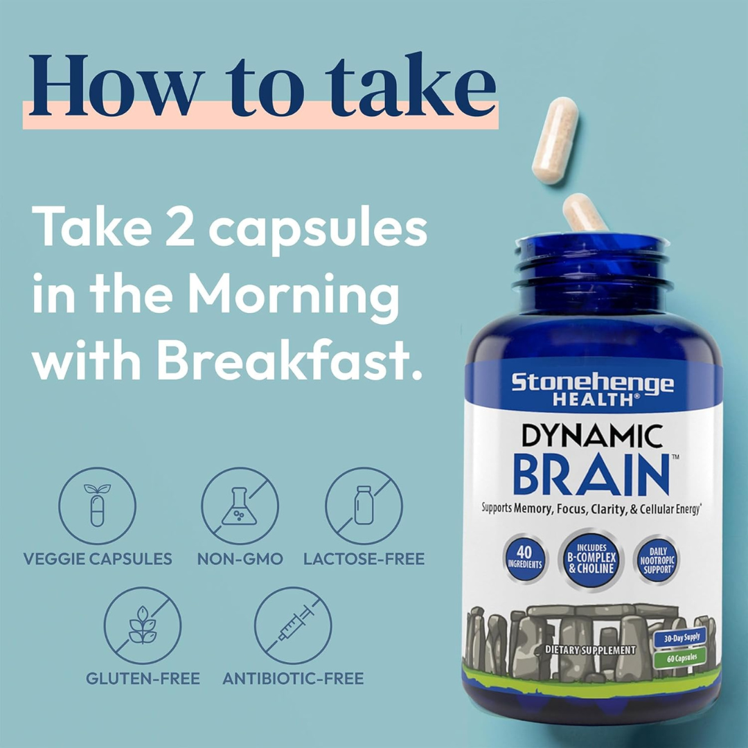 Stonehenge Health Dynamic Brain - Suplemento dietético para la memoria, concentración y claridad, formulado con 41 ingredientes nootrópicos únicos incluyendo fosfatidilserina, Bacopa Monnieri y huperzina A (paquete de 1 unidad)