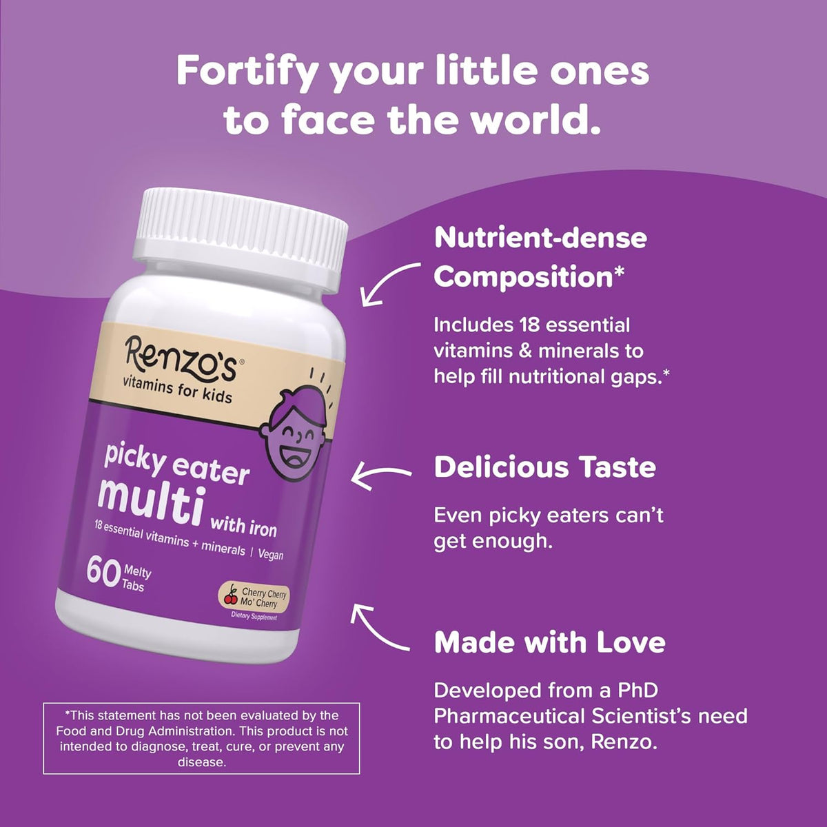 Renzo's Picky Eater Kids Multivitamin, Iron, D3 & K2, 60 Tabs