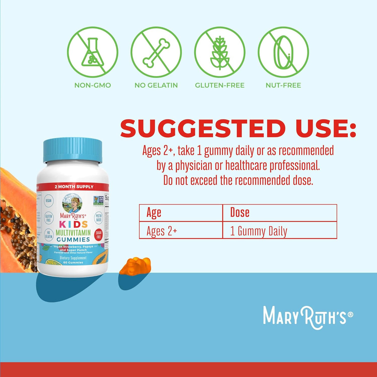 MaryRuth Organics Kids Multivitamin Gummies, Sugar-Free, Vegan, 60 Ct