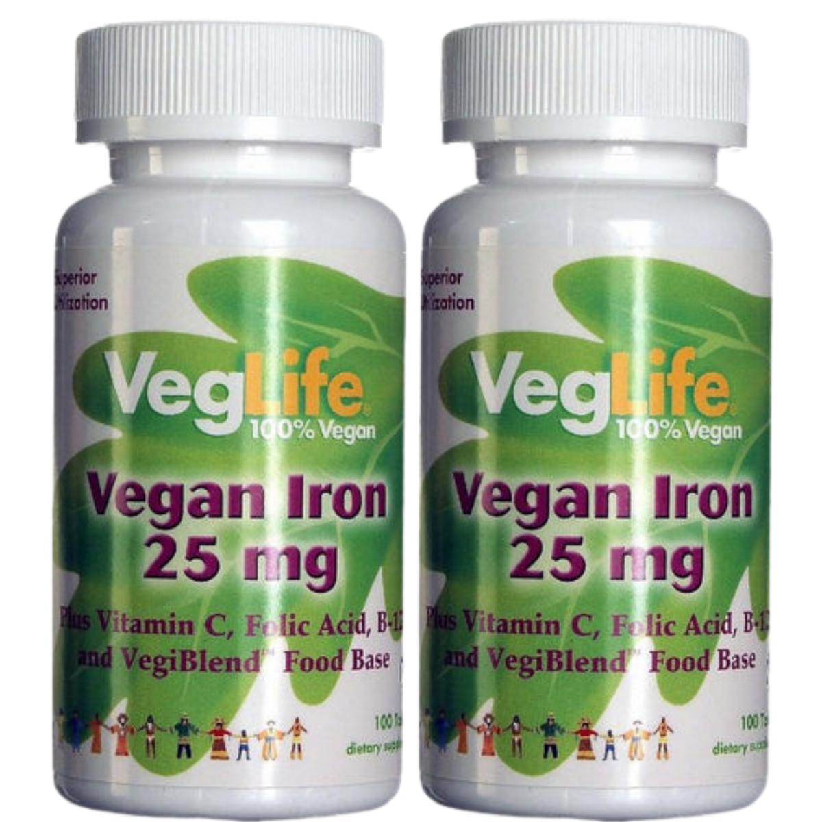 VegLife Vegan Iron Supplement | 25mg Iron Plus Vitamin C, Folic Acid & B-12 | Plant-Based Tablets for Women & Men | 2 Pack, 100 Tablets