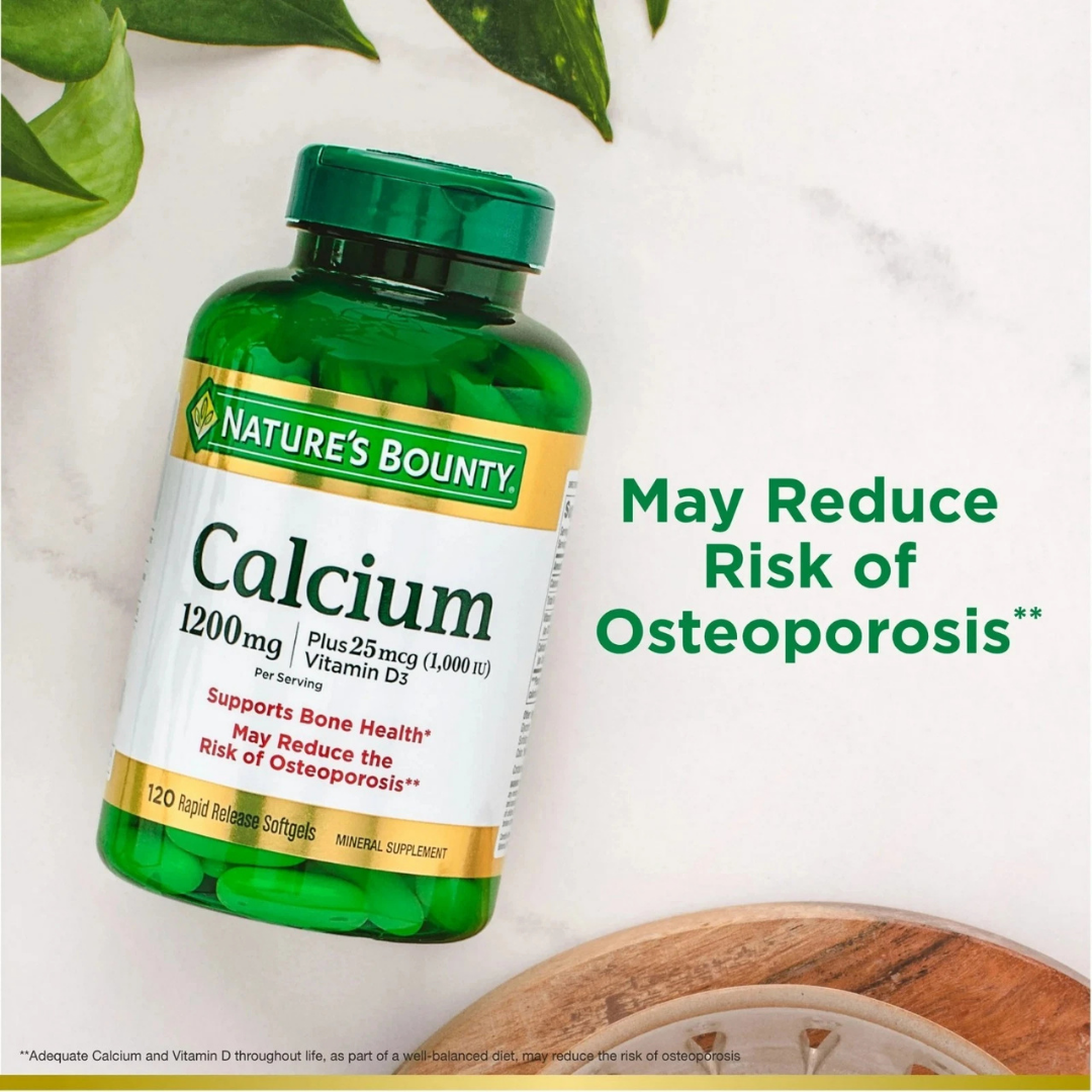 Calcium 1200mg + Vitamin D3 1000 IU (25mcg) – 120 Softgels Bone Health Supplement
