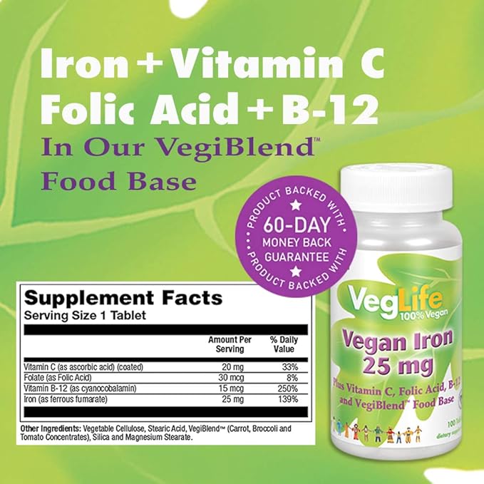 VegLife Vegan Iron Supplement | 25mg Iron Plus Vitamin C, Folic Acid & B-12 | Plant-Based Tablets for Women & Men | 2 Pack, 100 Tablets
