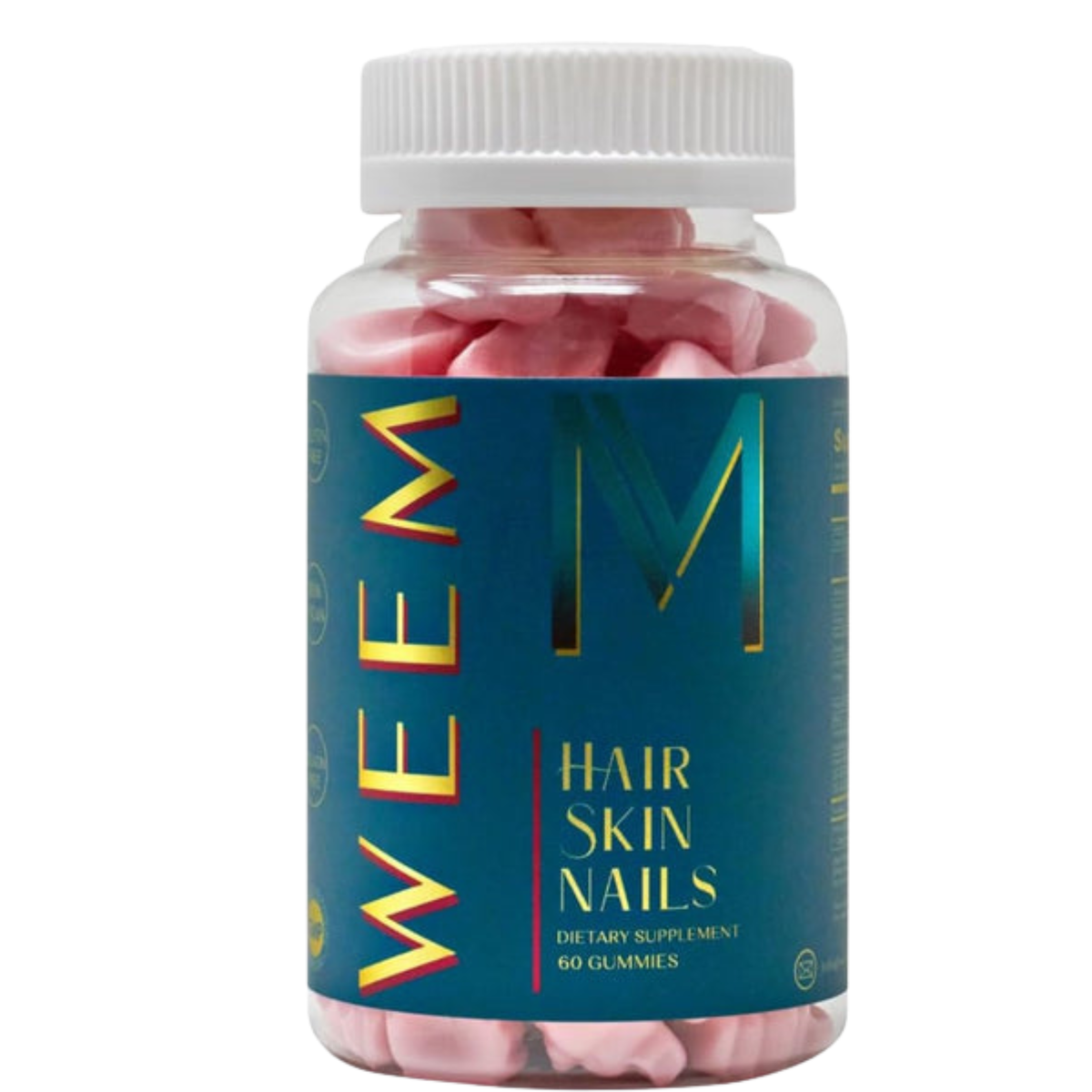 Bottle of pink gummy supplements with 'WEEM' label on a white background