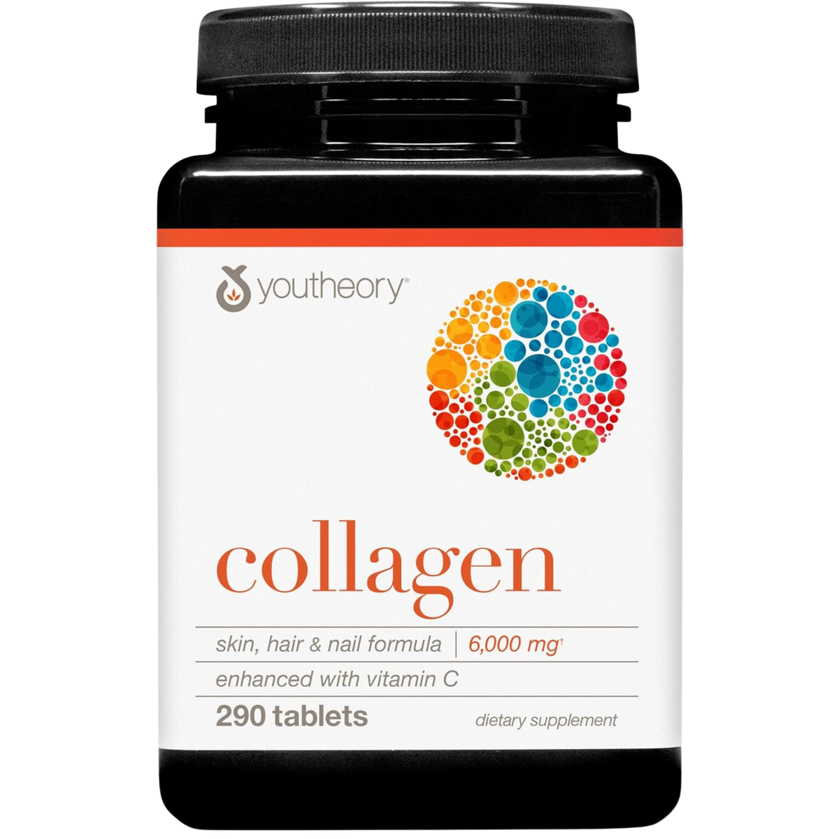 Supplement bottle labeled 'collagen' by Youtheory on a white background