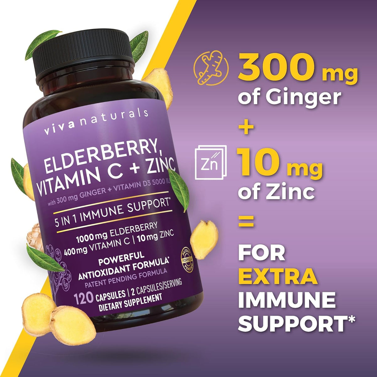 Viva Naturals Elderberry Capsules 1000mg with Vitamin C, Zinc & Vitamin D3