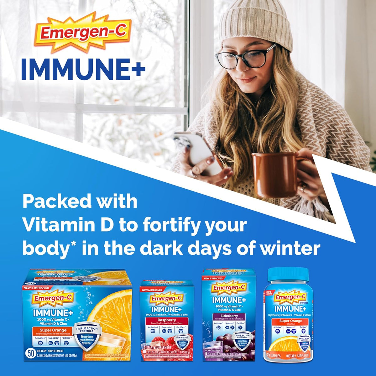 Emergen-C Immune+ Triple Action Powder, Raspberry, 30 Ct