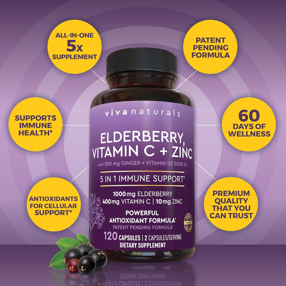Viva Naturals Elderberry Capsules 1000mg with Vitamin C, Zinc & Vitamin D3
