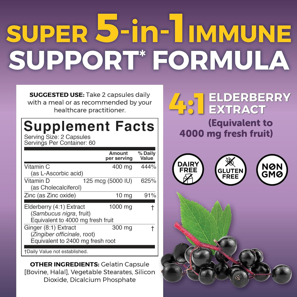 Viva Naturals Elderberry Capsules 1000mg with Vitamin C, Zinc & Vitamin D3